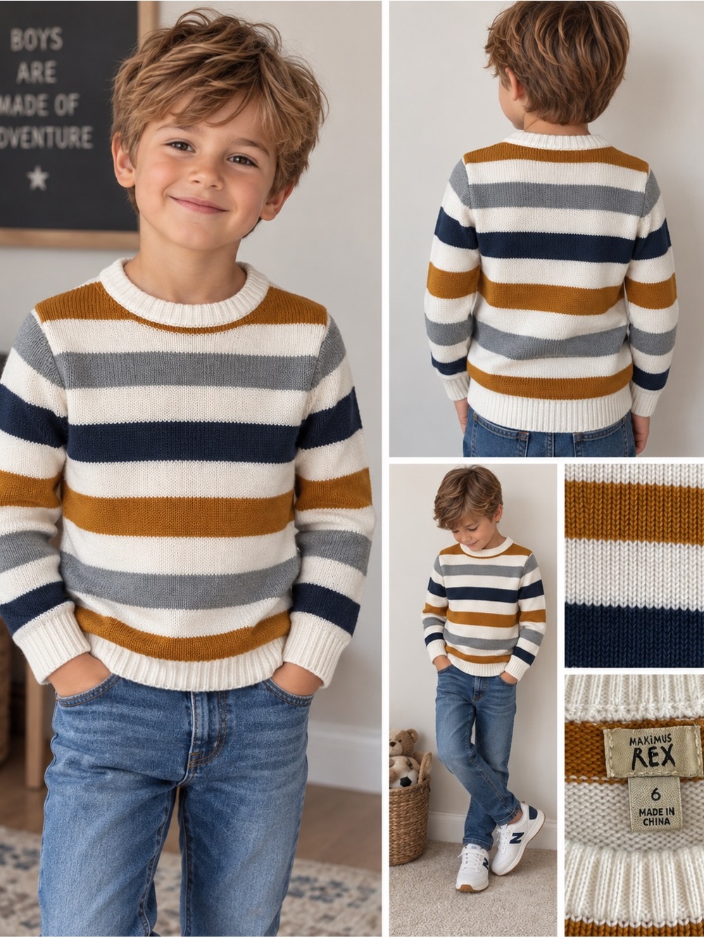 Maximus Rex Boys’ Size 6 Striped Knit Sweater – Mustard, Navy & Cream